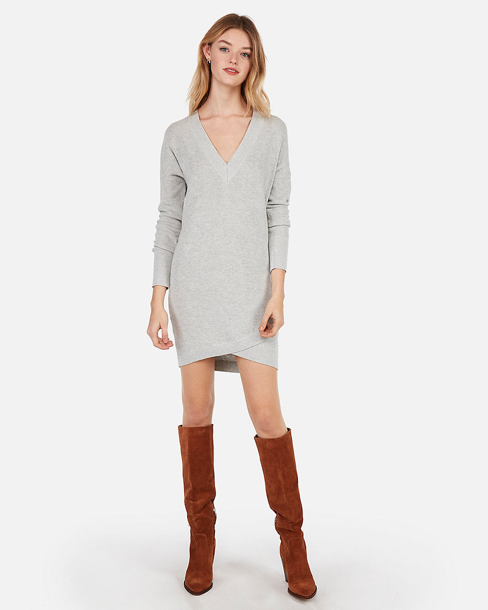 V-Neck Crossover Sweater Dress ...